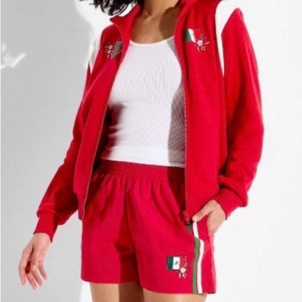 Red Track Jacket & Shorts Set with Flag Patch